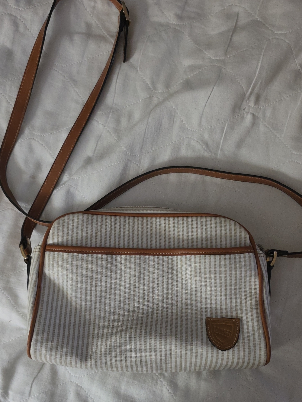Classic Tan-Trim White Striped Messenger Bag